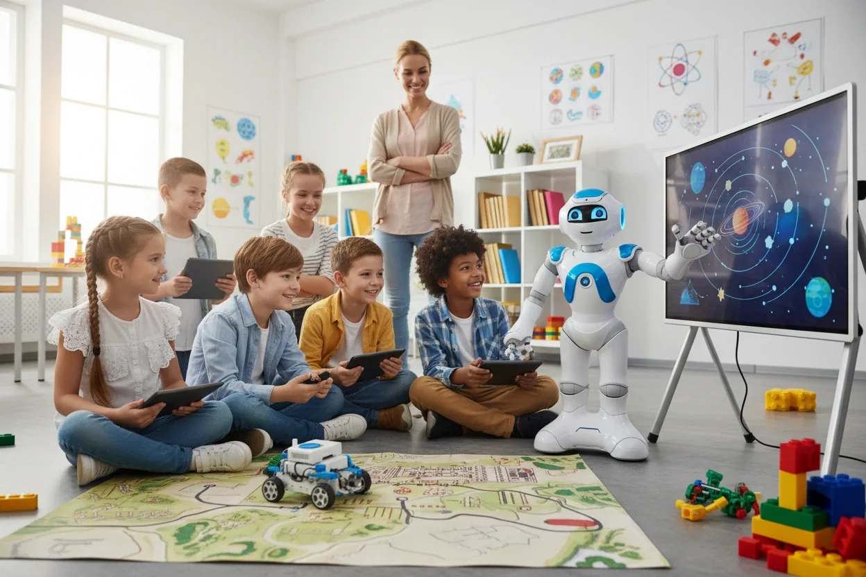Professional image illustrating Practical Use Cases of AI Robotics in Education
